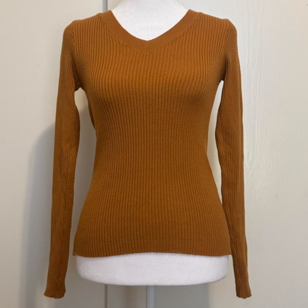burnt orange ribbed v-neck sweater 🍂🍁